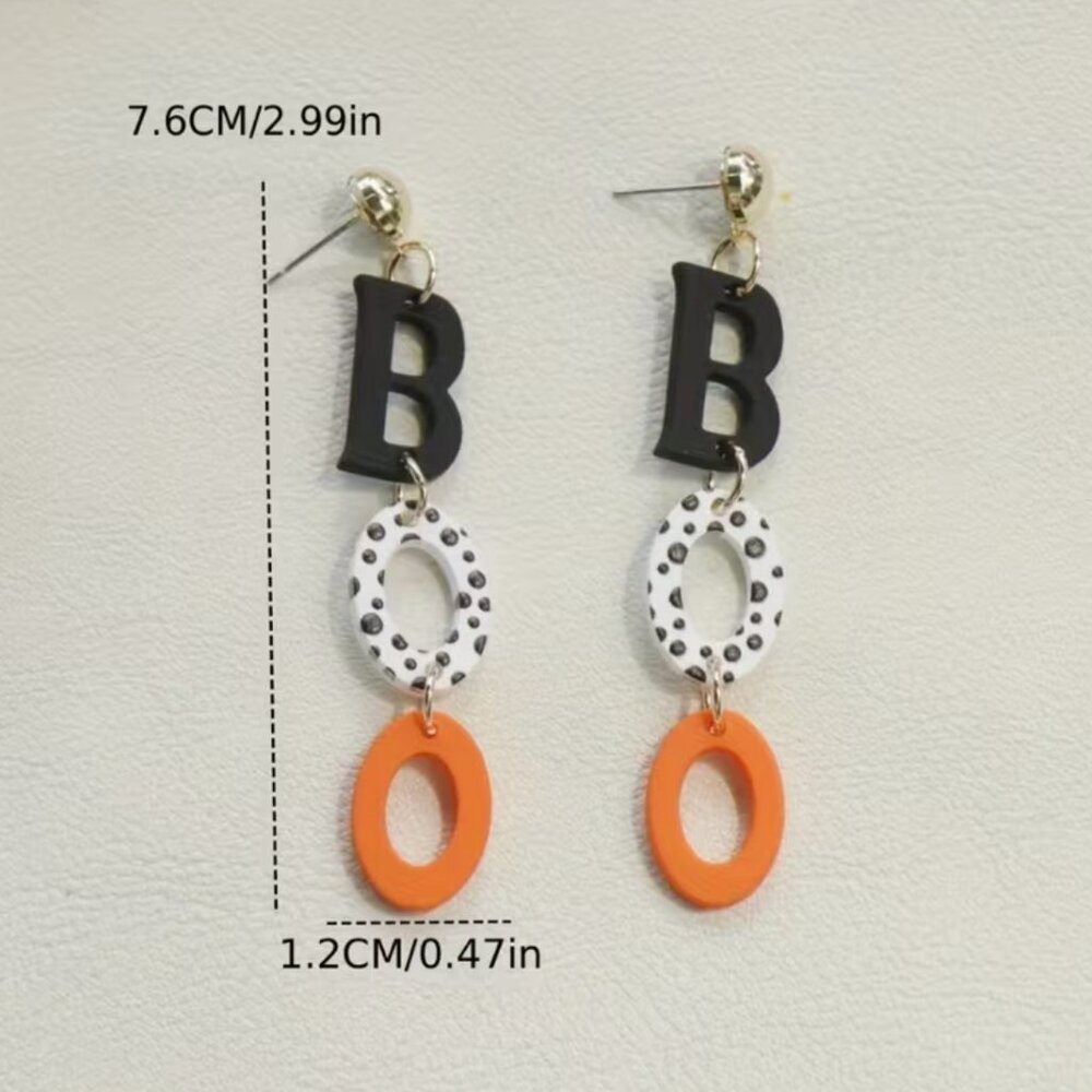 Halloween BOO Acrylic Drop Earrings Black White Orange Polka Dot Dangle Jewelry - Picture 3 of 8